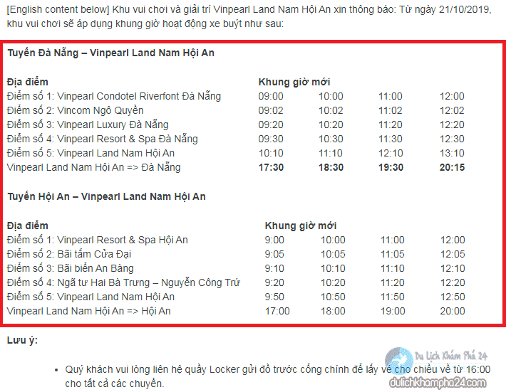 Lịch xe buýt miễn phí xuất phát từ Đà Nẵng và Hội An